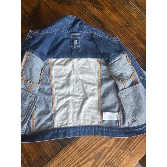 GAP Girls Patchwork Denim Jacket Size Medium Floral Plaid Button Up Jean Coat - Picture 6 of 9